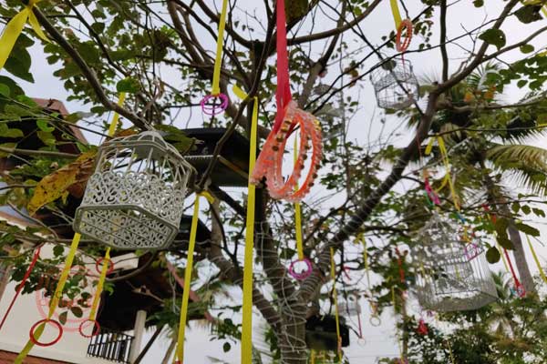 hanging bird cage outdoor lawn mehndi decor 